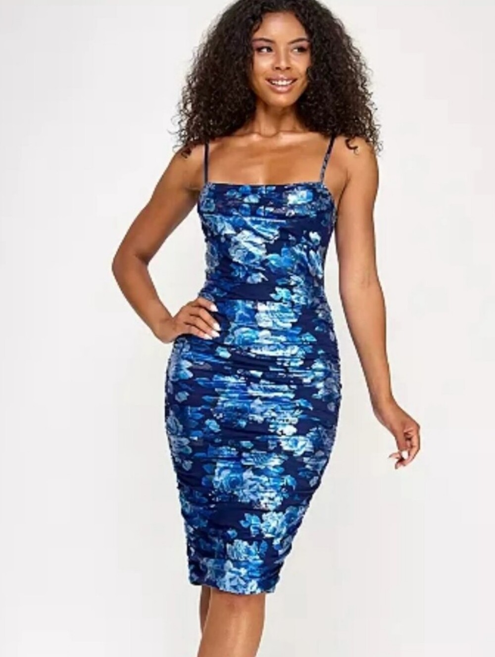 City Studios NWT Blue Metallic Floral Ruched Cowl Neck Bodycon Midi Dress Fairy